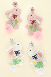 COTTON BALL TAIL EASTER RABBIT BEADED EARRINGS - WHITE