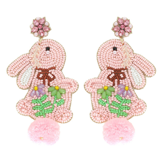 COTTON BALL TAIL EASTER RABBIT BEADED EARRINGS - PINK