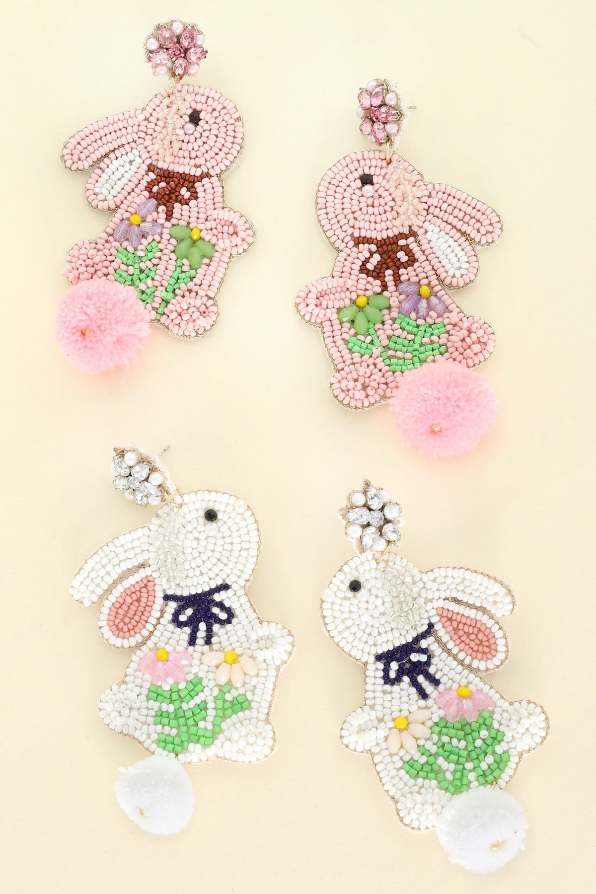 COTTON BALL TAIL EASTER RABBIT BEADED EARRINGS - PINK