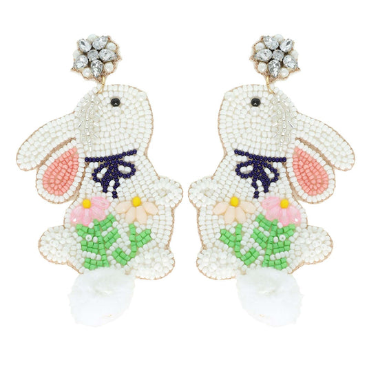 COTTON BALL TAIL EASTER RABBIT BEADED EARRINGS - WHITE