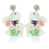 COTTON BALL TAIL EASTER RABBIT BEADED EARRINGS - WHITE