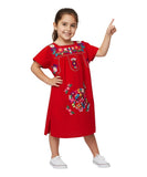 KIDS ROUND NECKLINE FLORAL EMBROIDERY DRESS - RED