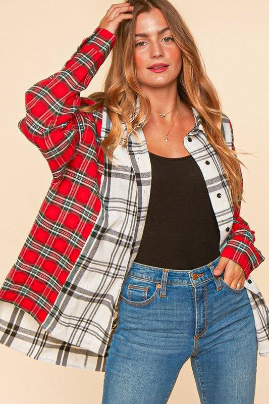 PLAID CHECK COLOR BLOCK LONG SLEEVE OVERSIZED BUTTON DOWN