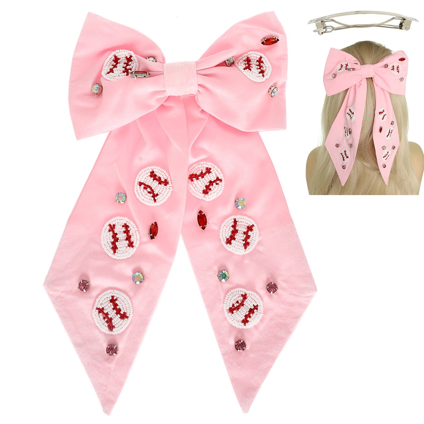BASEBALL BEAD GEMSTONE EMBROIDERED BOW BARRETTE HAIR CLIP