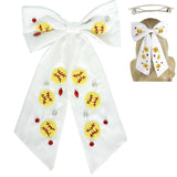 SOFTBALL BEAD GEMSTONE EMBROIDERED BOW BARRETTE HAIR CLIP - WHITE