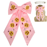SOFTBALL BEAD GEMSTONE EMBROIDERED BOW BARRETTE HAIR CLIP - PINK
