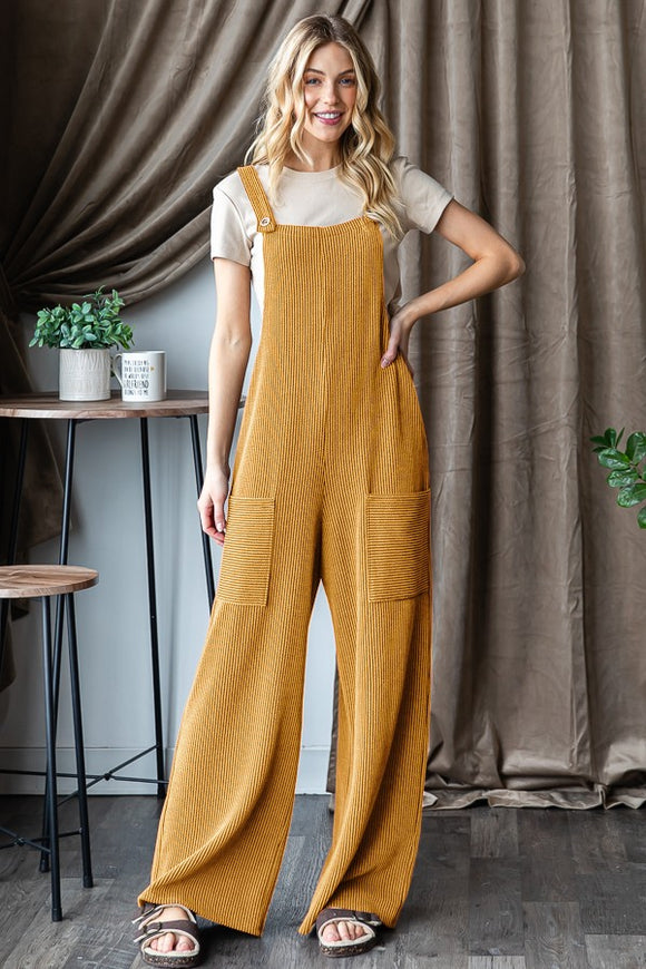 SLEEVELESS SOLID URBAN RIBBED JUMPSUITS - MUSTARD