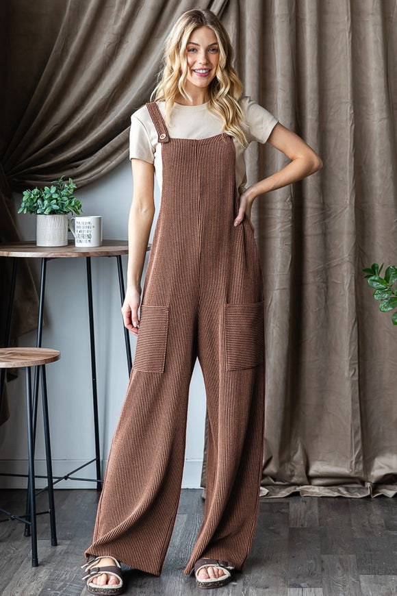 SLEEVELESS SOLID URBAN RIBBED JUMPSUITS - CAMEL