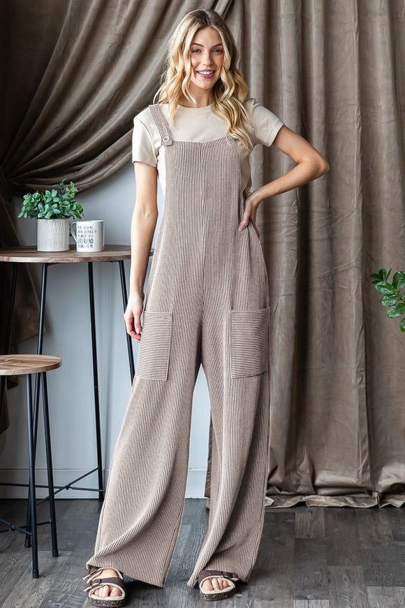 SLEEVELESS SOLID URBAN RIBBED JUMPSUITS - OATMEAL