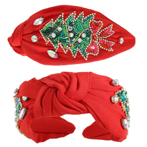 CHRISTMAS TREE JEWELED TOP KNOTTED HEADBAND - RED