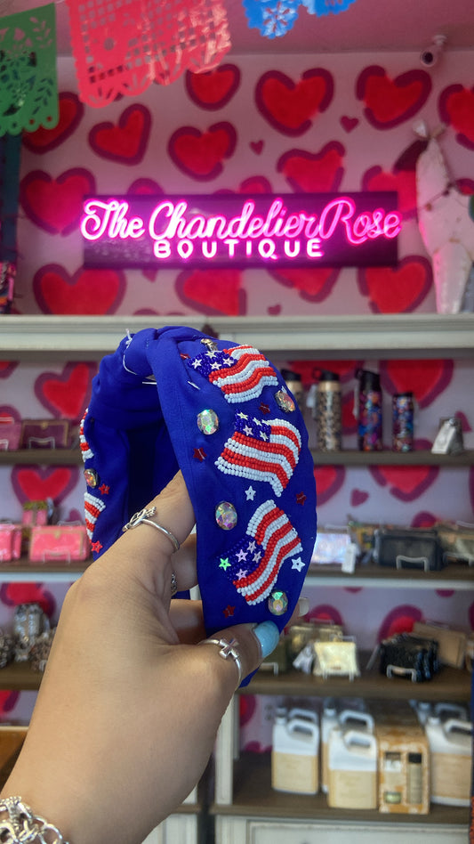 USA FLAG BEADED TOP KNOT HEADBAND - BLUE