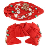 CHRISTMAS CANDY CANE HEART TOP KNOTTED RED HEADBAND