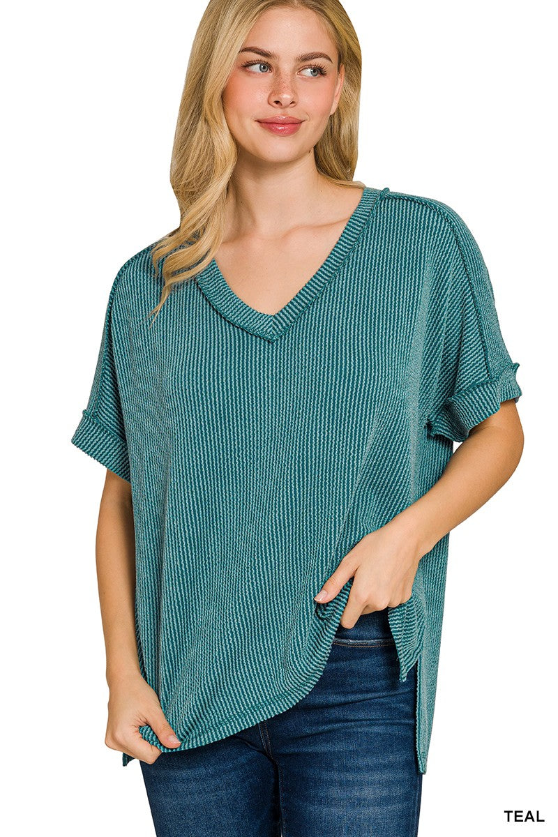 RAISED RIB SHORT SLEEVE HI-LOW V NECK TOP - TEAL