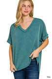 RAISED RIB SHORT SLEEVE HI-LOW V NECK TOP - TEAL