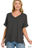 RAISED RIB SHORT SLEEVE HI-LOW V NECK TOP - BLACK