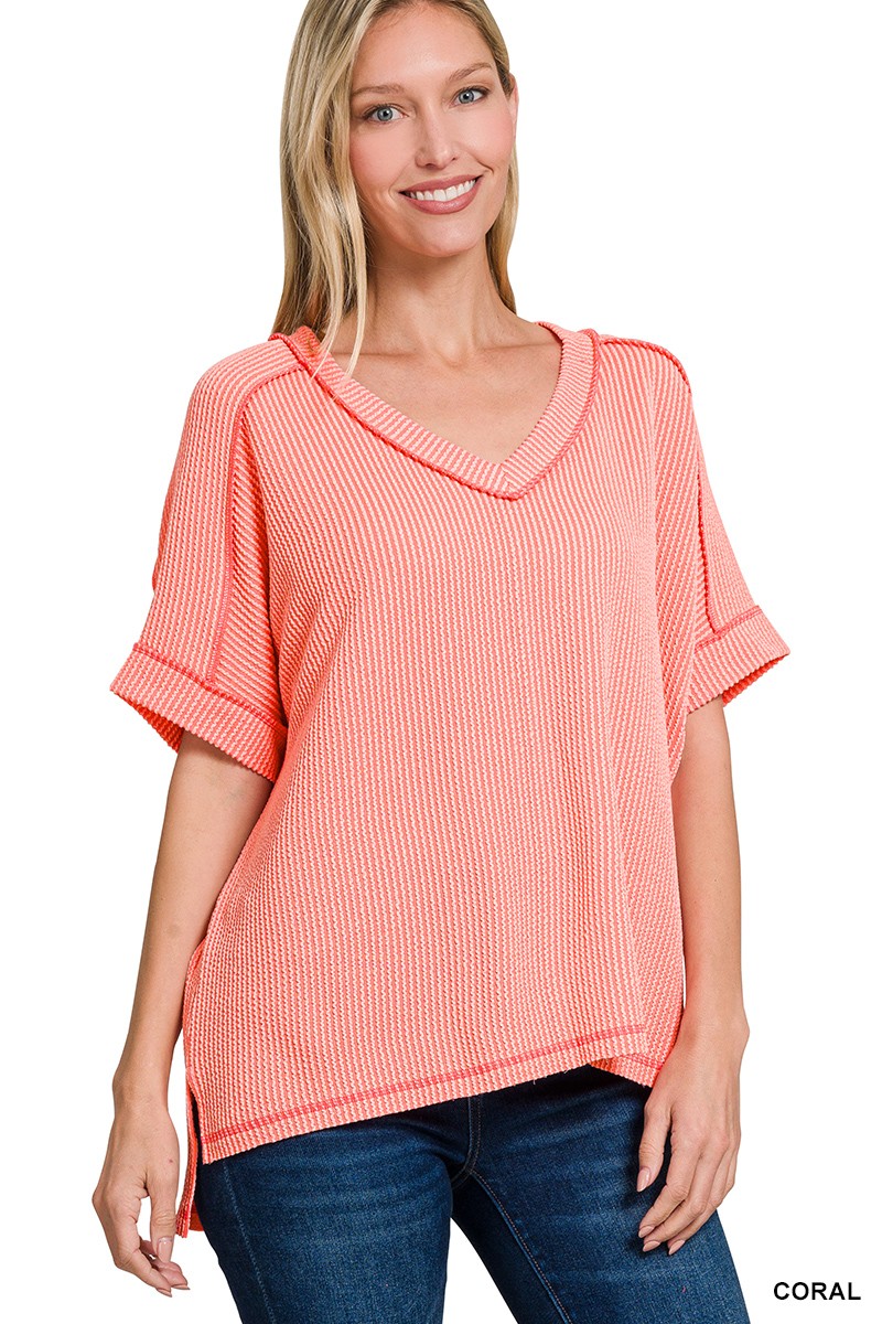 RAISED RIB SHORT SLEEVE HI-LOW V NECK TOP - CORAL