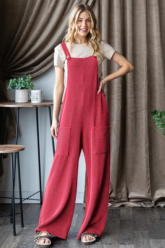 SLEEVELESS SOLID URBAN RIBBED JUMPSUITS - RED