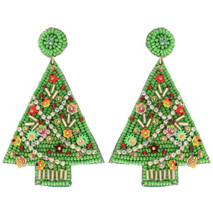 CHRISTMAS TREE JEWELED POST EARRINGS - GREEN