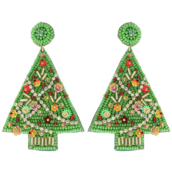 CHRISTMAS TREE JEWELED POST EARRINGS - GREEN