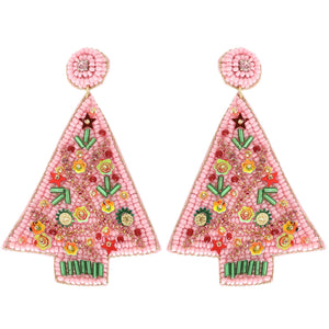 CHRISTMAS TREE JEWELED POST EARRINGS - PINK