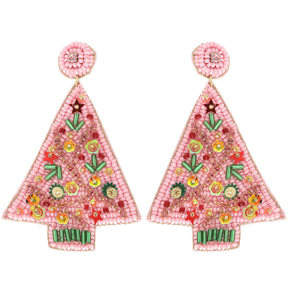 CHRISTMAS TREE JEWELED POST EARRINGS - PINK