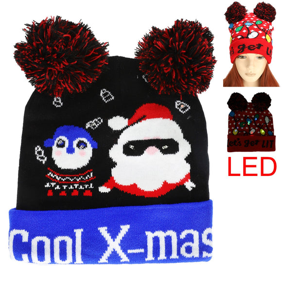Christmas Theme Light Up Winter Beanie - Double Pom Cool X MAS