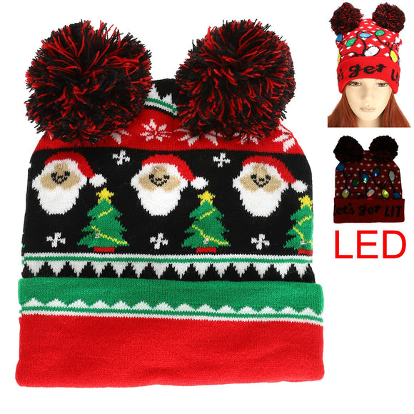 Christmas Theme Light Up Winter Beanie - Double Pom Santas