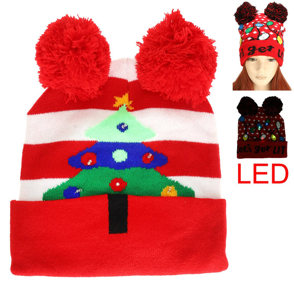 Christmas Theme Light Up Winter Beanie - Christmas Tree Red & White