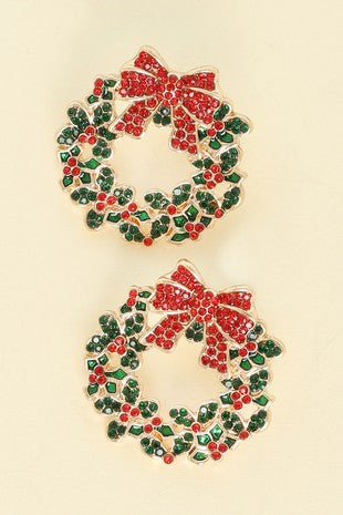 CHRISTMAS WREATH RHINESTONE PAVE EARRINGS