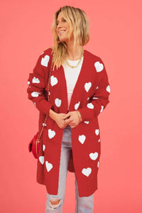 Valentine's Day Heart Print Knit Cardigan - RED