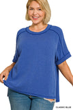 RAISED RIB CUFF SLEEVE RAW EDGE TOP - CLASSIC BLUE