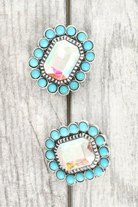 SILVER WESTERN TURQUOISE AB STONE OCTAGON EARRINGS