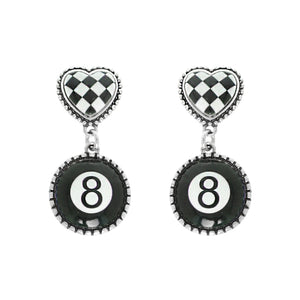 WESTERN CHECKERBOARD HEART BLACK EIGHT-BALL EARRINGS