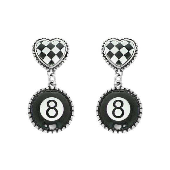 WESTERN CHECKERBOARD HEART BLACK EIGHT-BALL EARRINGS