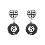 WESTERN CHECKERBOARD HEART BLACK EIGHT-BALL EARRINGS