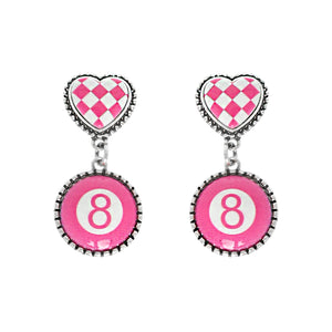 WESTERN CHECKERBOARD HEART PINK EIGHT-BALL EARRINGS