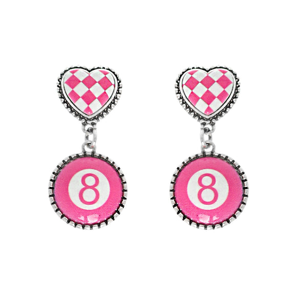 WESTERN CHECKERBOARD HEART PINK EIGHT-BALL EARRINGS