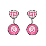 WESTERN CHECKERBOARD HEART PINK EIGHT-BALL EARRINGS