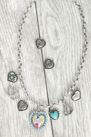 WESTERN THEME HEART CRYSTAL PENDANT NECKLACE SET