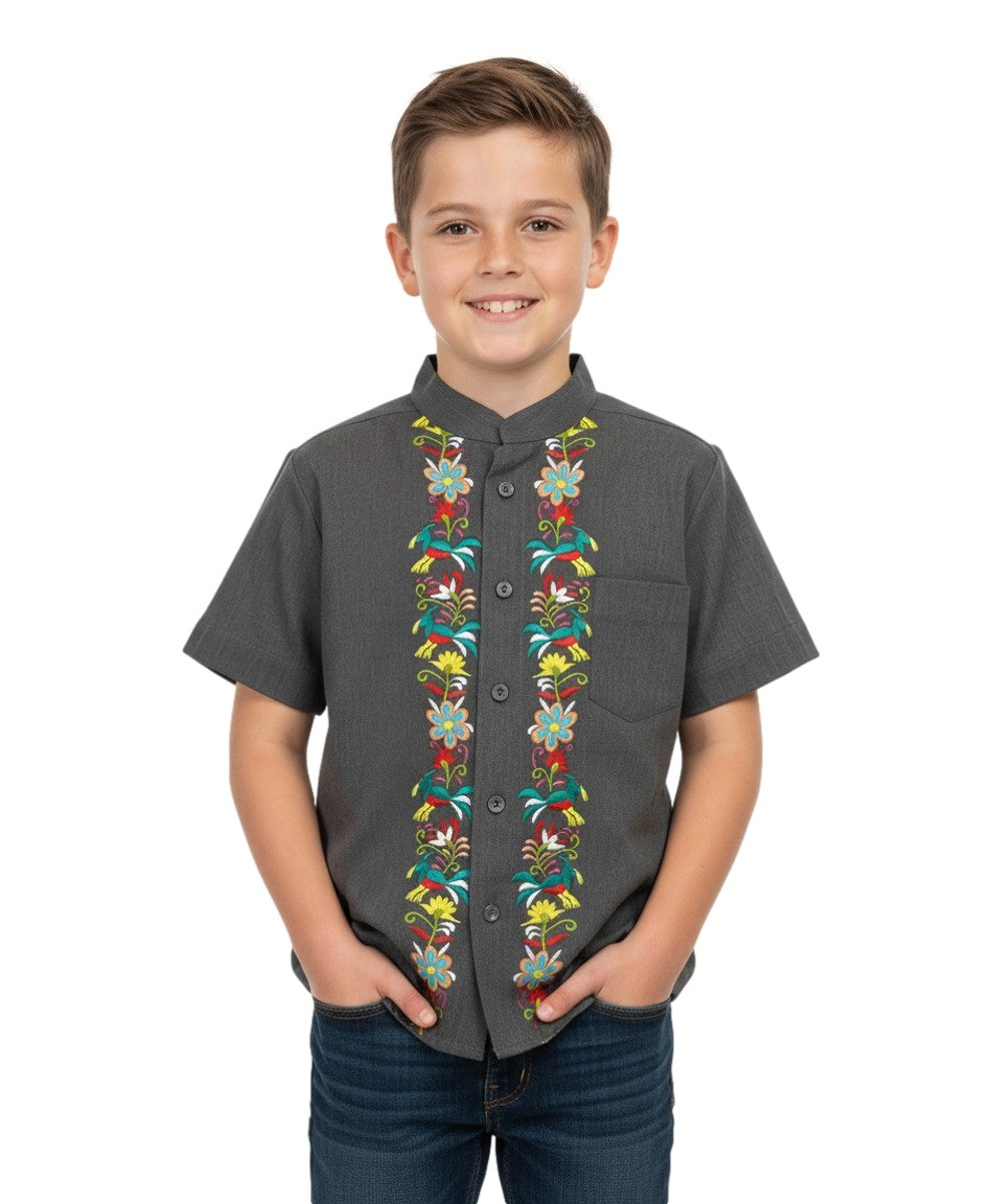 YOUTH BOYS GUAYABERA SHORT SLEEVE TOP - DARK GREY