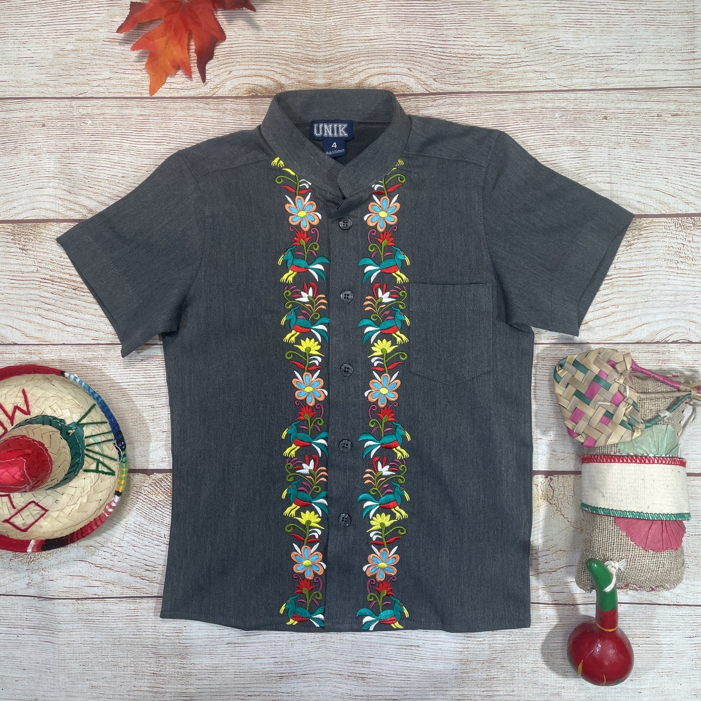 YOUTH BOYS GUAYABERA SHORT SLEEVE TOP - DARK GREY