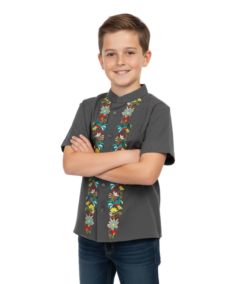 YOUTH BOYS GUAYABERA SHORT SLEEVE TOP - DARK GREY