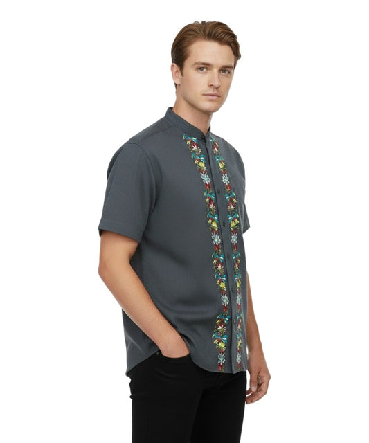 ADULT GUAYABERA SHORT SLEEVE TOP - DARK GREY