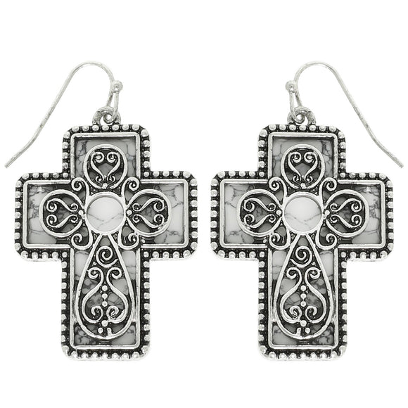 Western Scrolled Filgree Cross Earrings - Silver