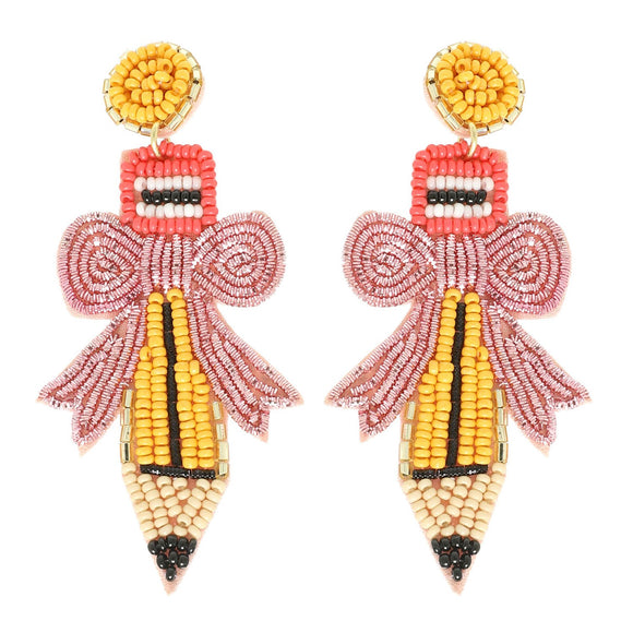 Pencil With Bow Beaded Earrings