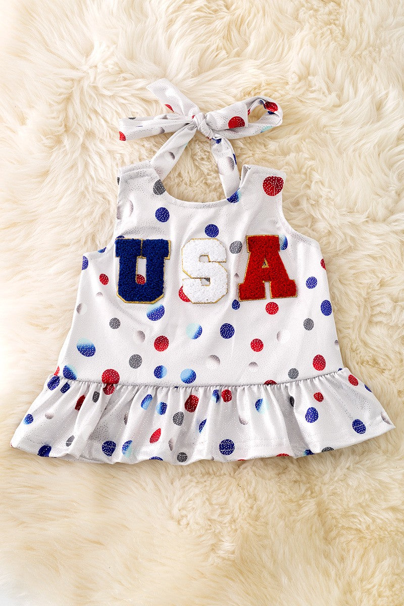 USA Applique Ruffle Patriotic Halter Top