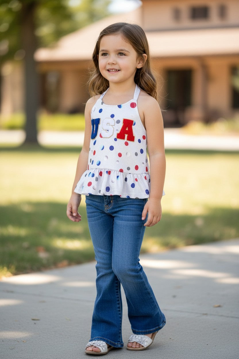 USA Applique Ruffle Patriotic Halter Top