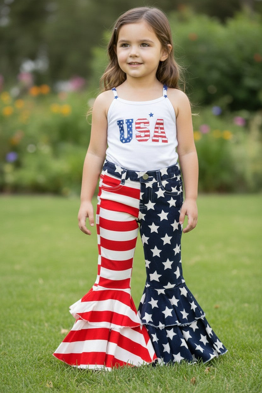 Girls Usa Flag Denim Double Layer Jeans