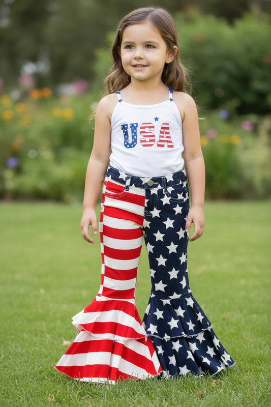Girls Usa Flag Denim Double Layer Jeans