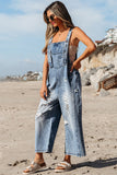 DISTRESSED WIDE LEG DENIM OVERALLS